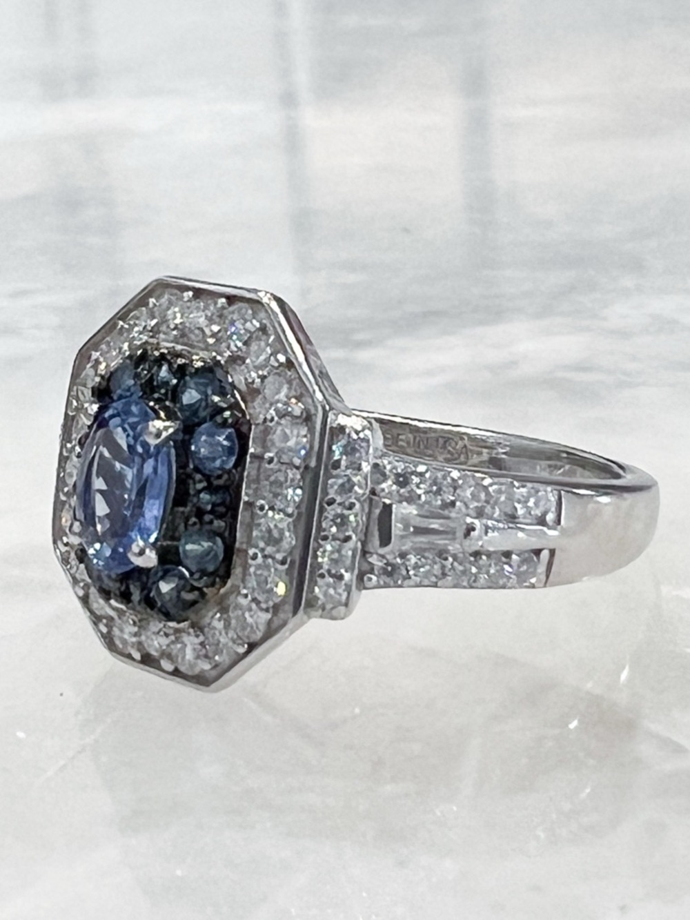 Ceylon Blue Sapphire &Moissanite Sterling Silver Double Halo Ring Sz 8 - Picture 5 of 12